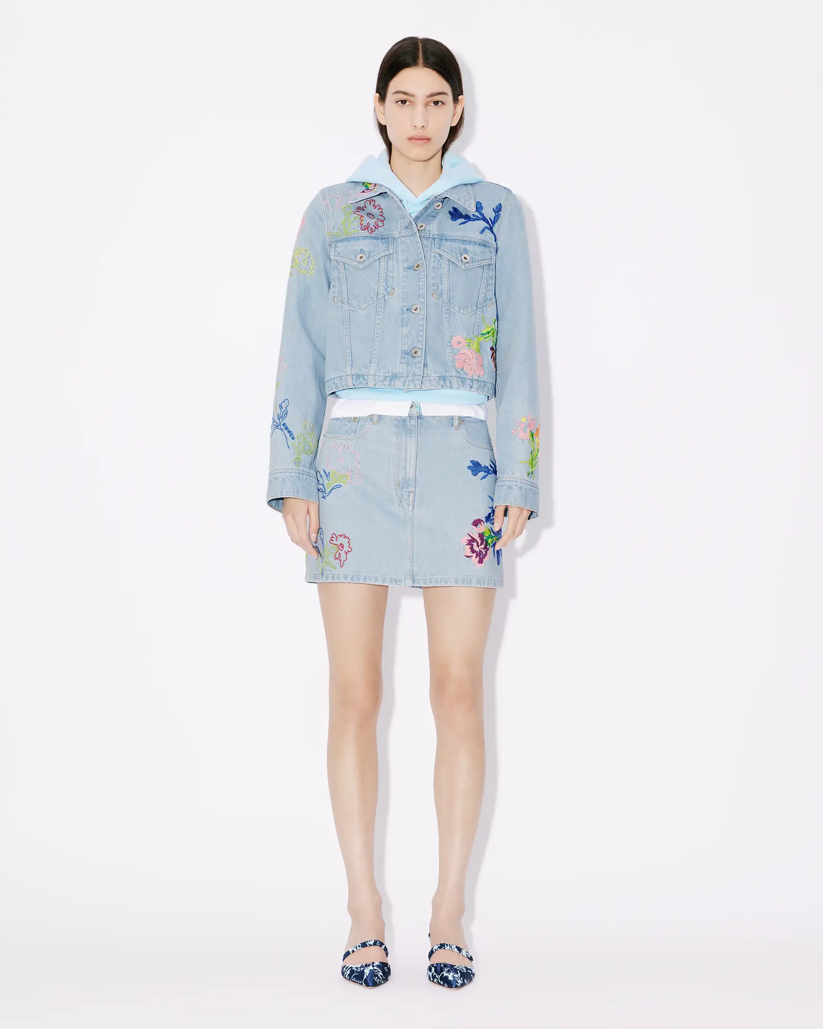 KENZO DRAWN FLOWERS EMBROIDERED TRUCKER JACKET IN JAPANESE DENIM