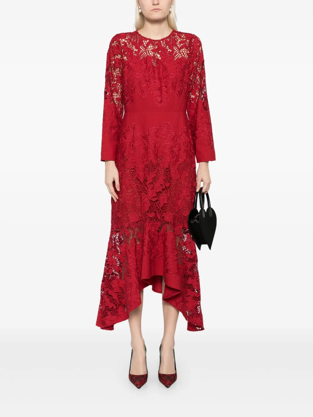 Marchesa Rosa asymmetric lace maxi dress