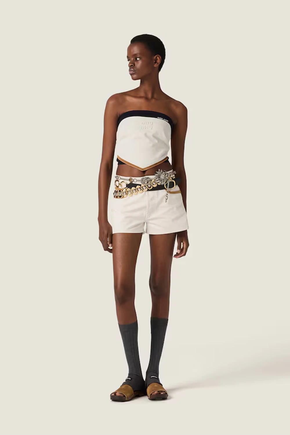 Denim and leather shorts
