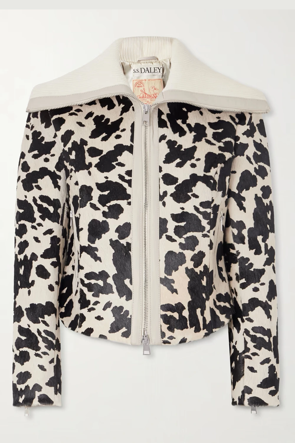 S.S. DALEY
Ribbed cropped wool-trimmed animal-print goat hair jacket