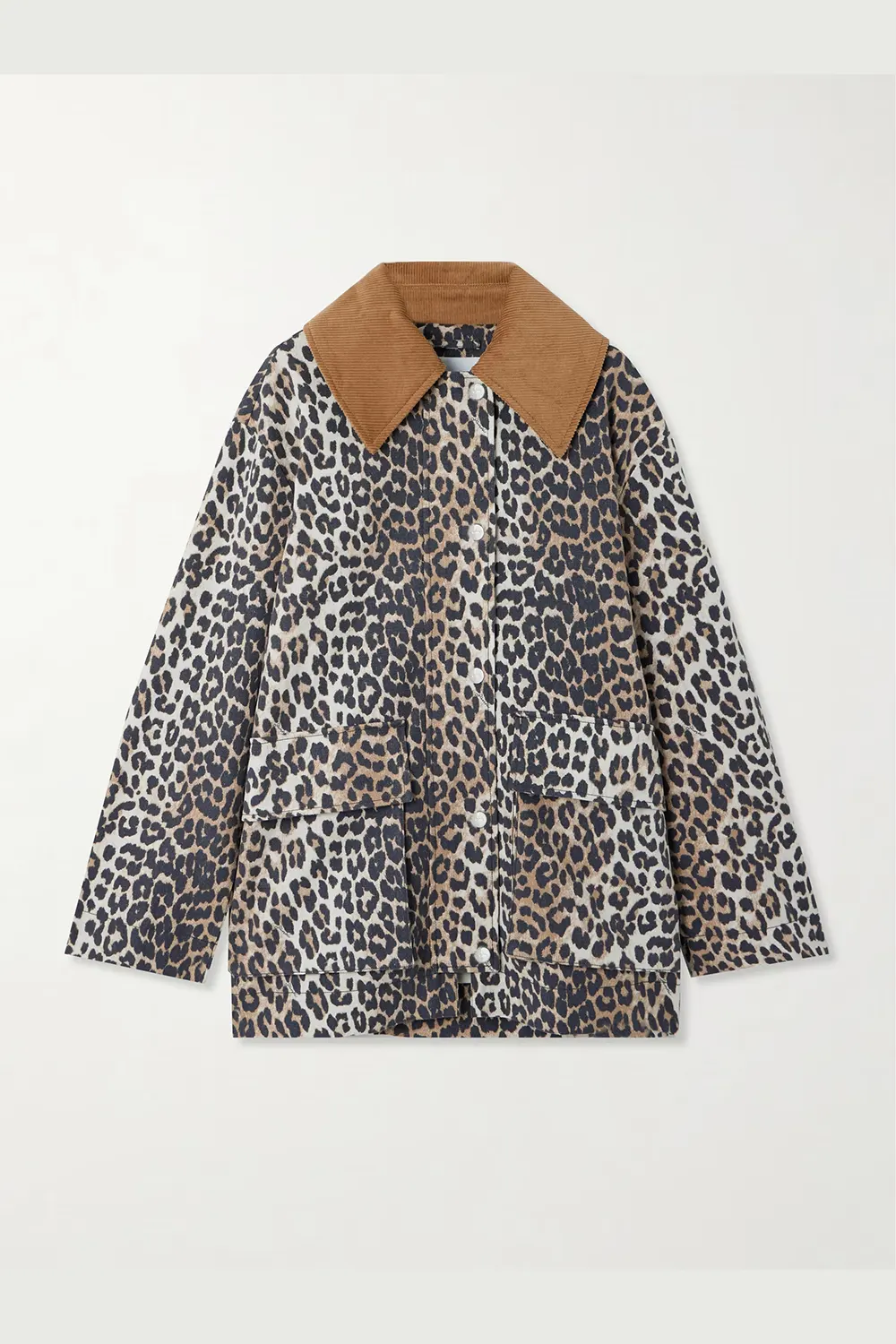 GANNI Corduroy-trimmed leopard-print hemp and organic cotton-blend canvas jacket