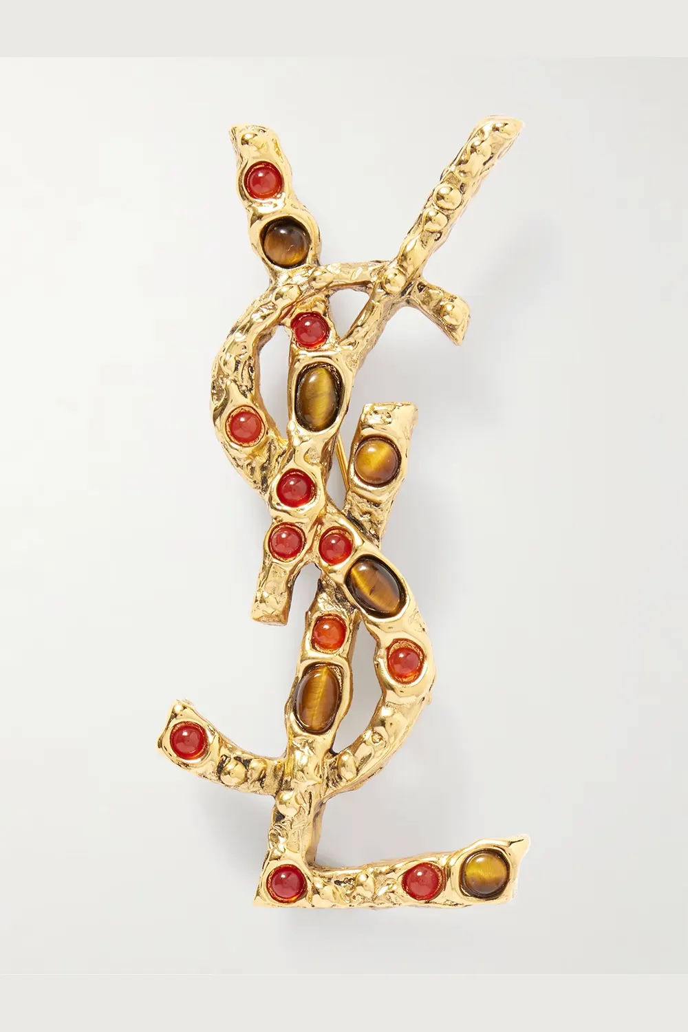 SAINT LAURENT Cassandre gold-tone tiger's eye and sunstone brooch