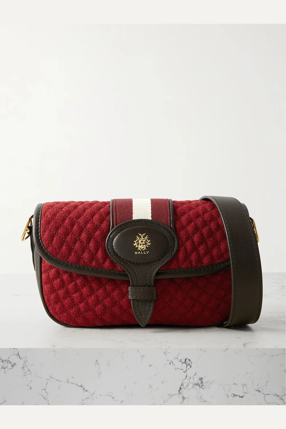 Quilted webbing and leather-trimmed wool-bouclé shoulder bag