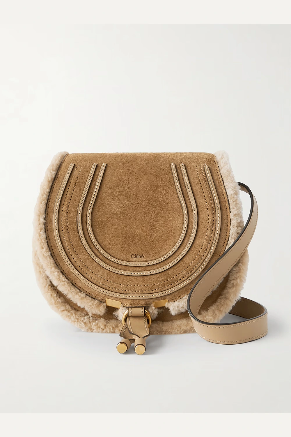 Marcie shearling and leather-trimmed suede shoulder bag