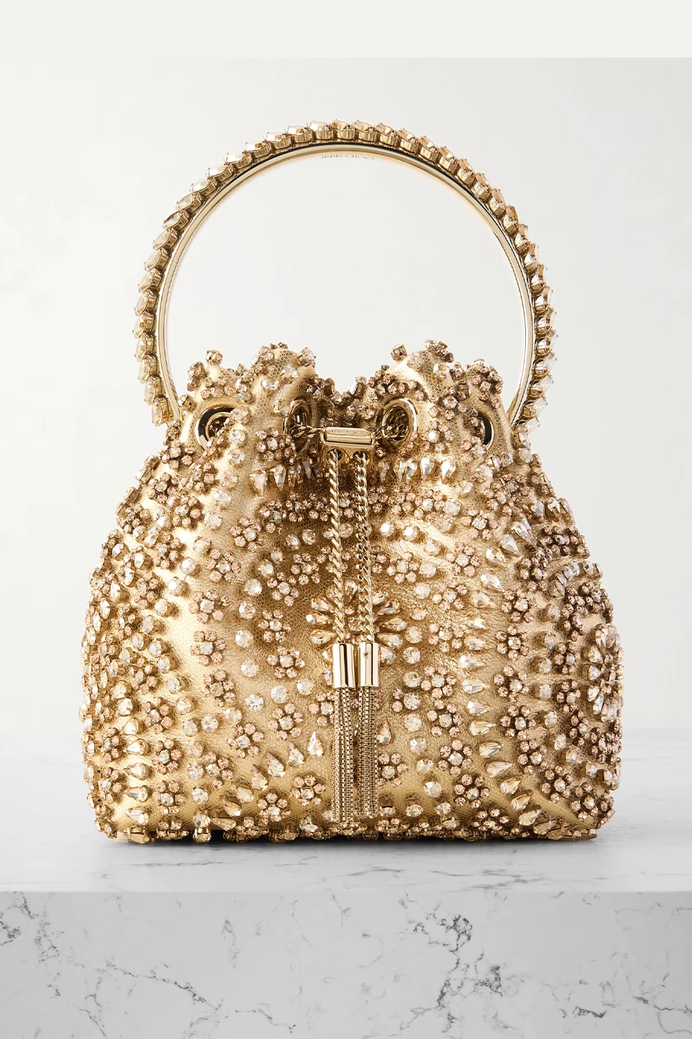 JIMMY CHOO Bon Bon crystal-embellished satin bucket bag