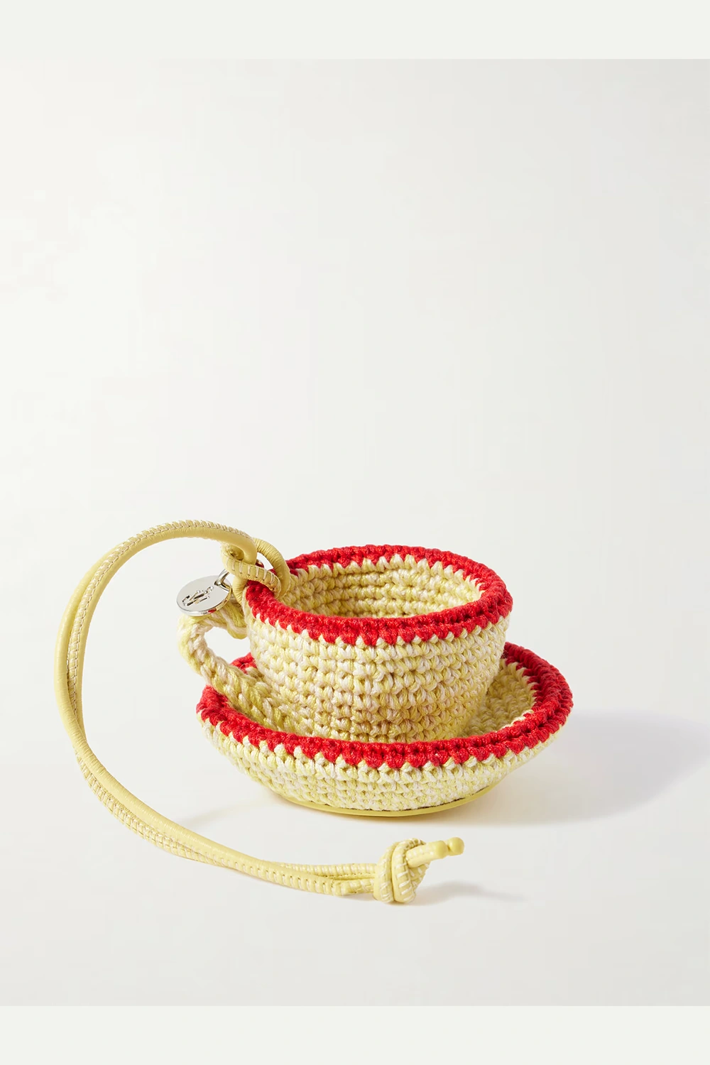 Teacup leather-trimmed crocheted bag charm