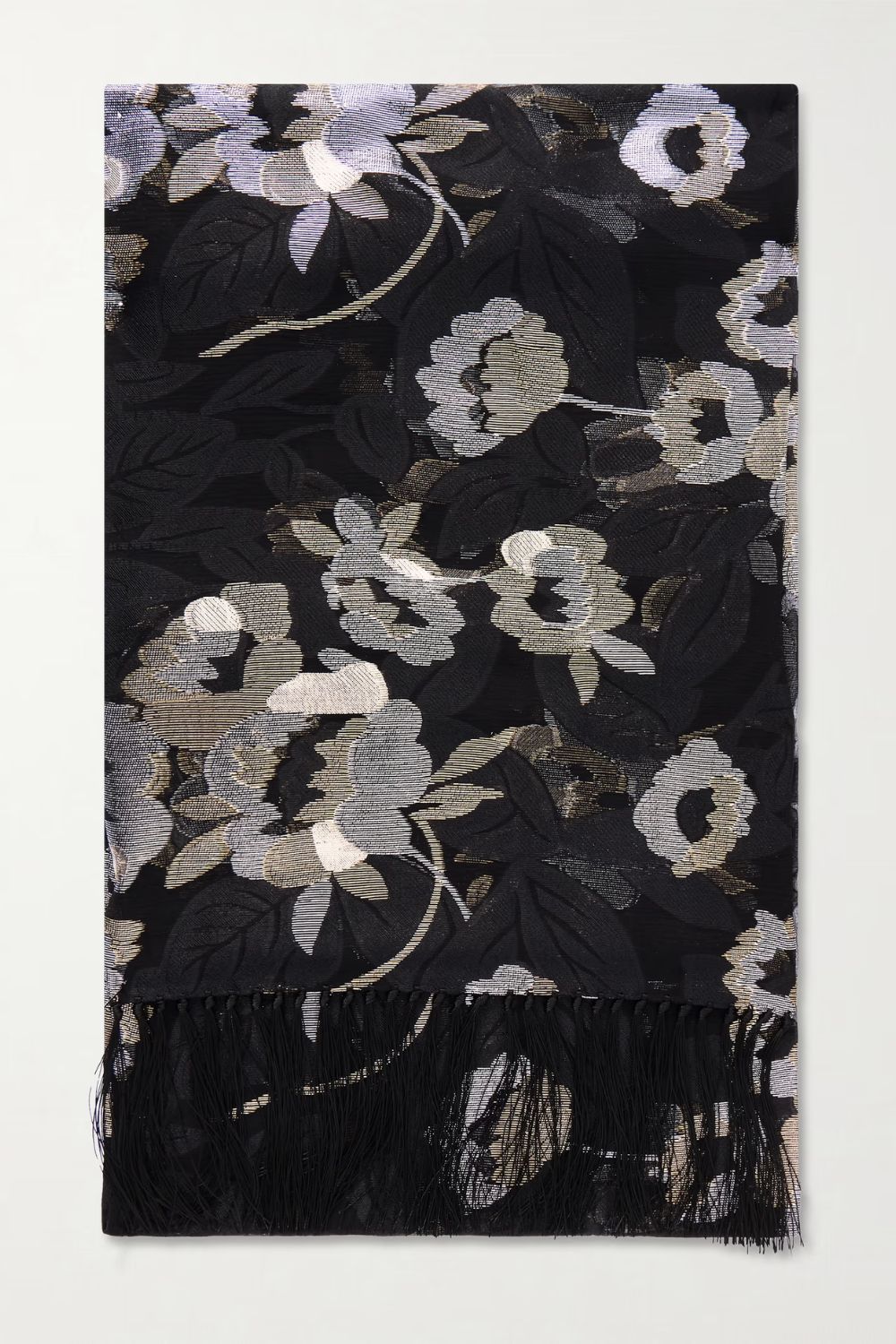 VALENTINO GARAVANI Fringed floral-jacquard silk-blend scarf