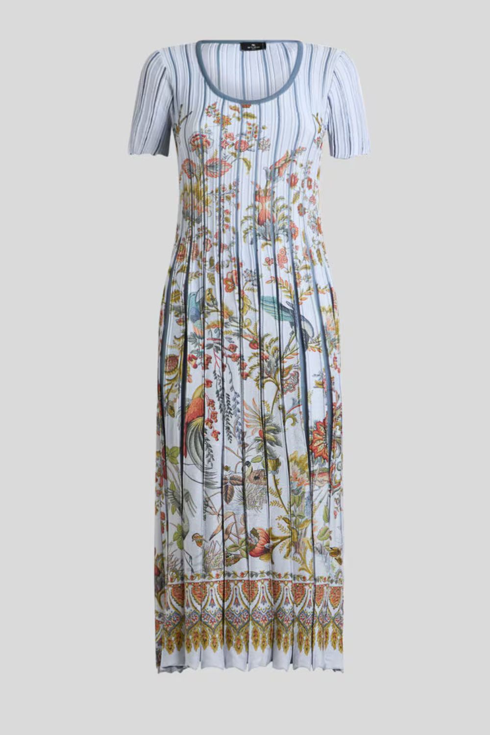 PLEATED COTTON-BLEND MIDI DRESS WITH PLACED PRINT
