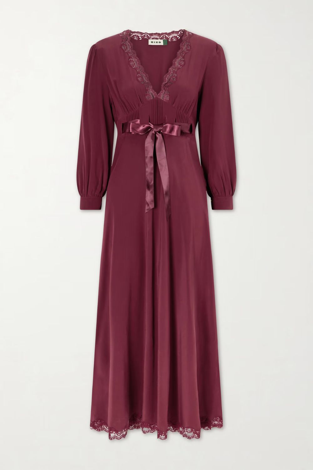 RIXO Adaline bow-detailed lace-trimmed silk maxi dress