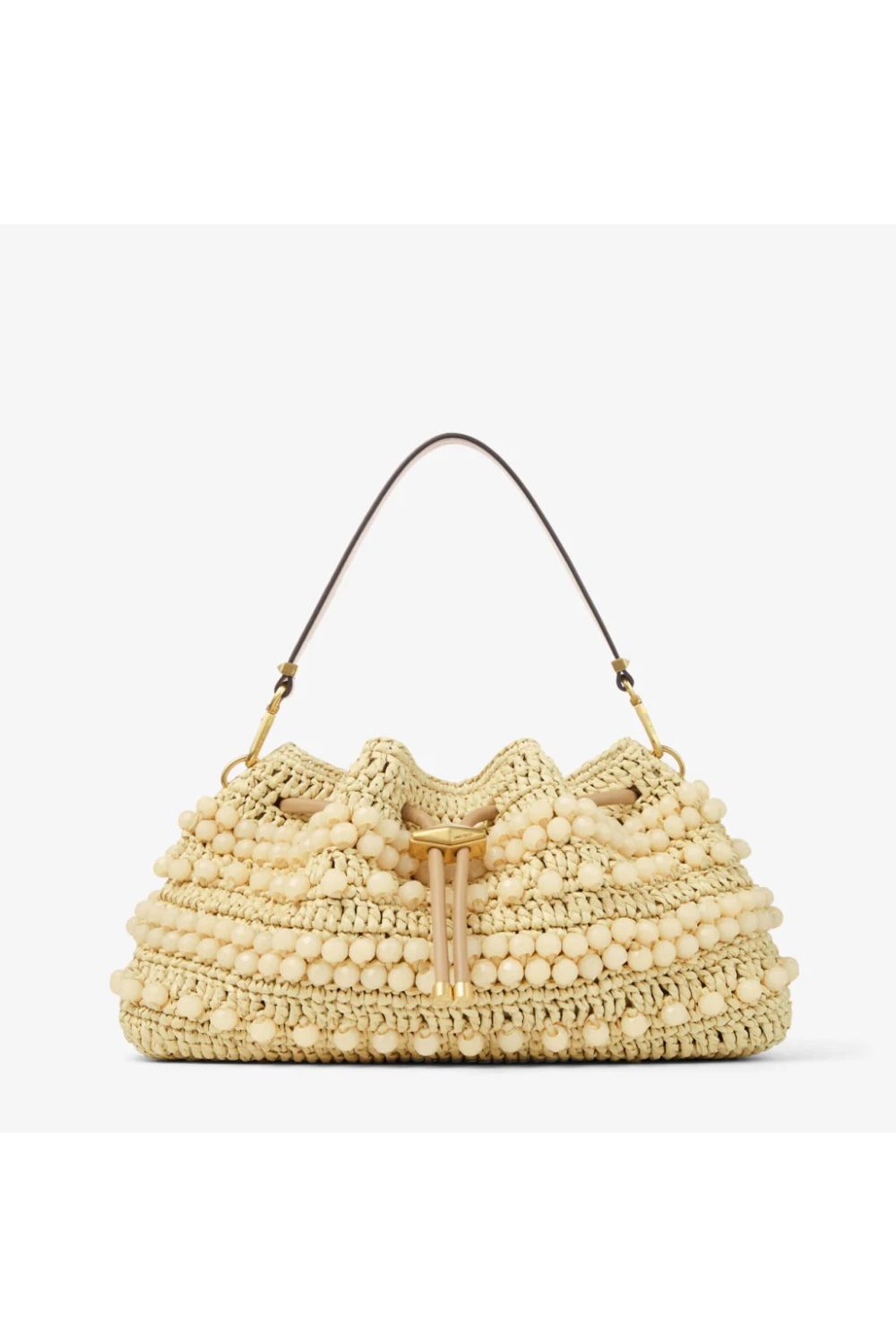 Cinch Medium Natural and Cappuccino Beaded Raffia Bucket Bag with Smooth Calf Leather