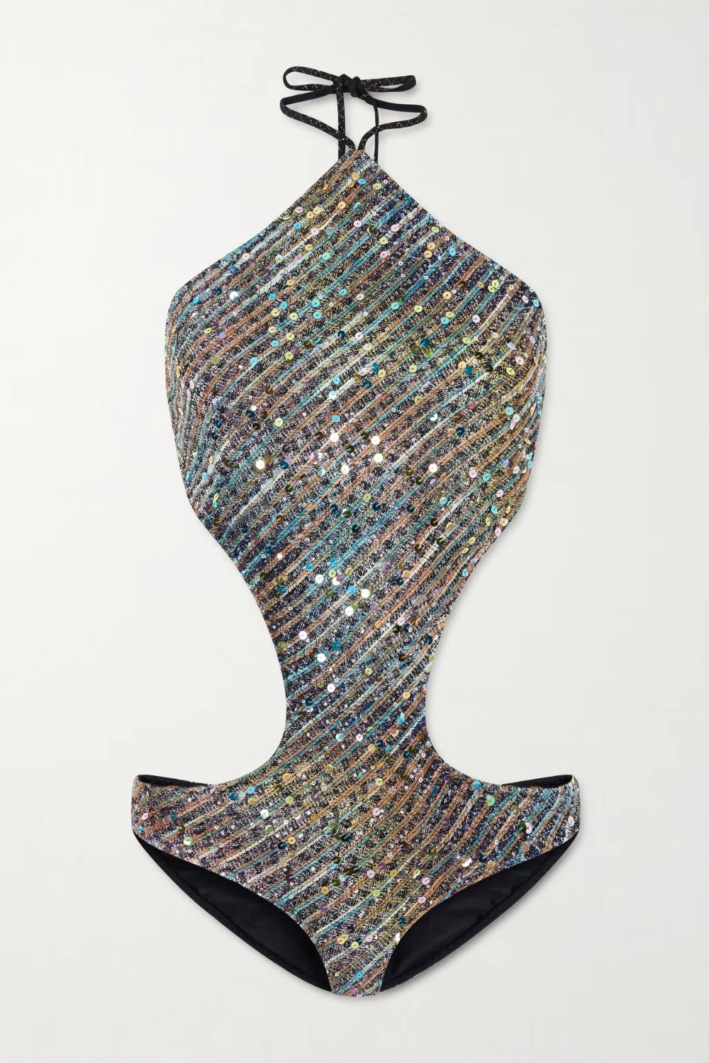 MISSONI Cut-out sequin-embellished striped metallic cotton-blend halterneck swimsuit